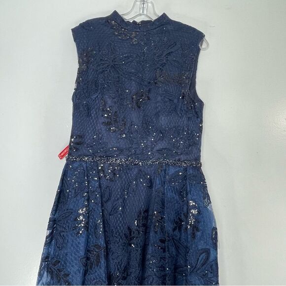 Mac Duggal 20098 Size 14 High Mock-Neck Beaded Column Gown with Overskirt, Navy - Picture 5 of 14